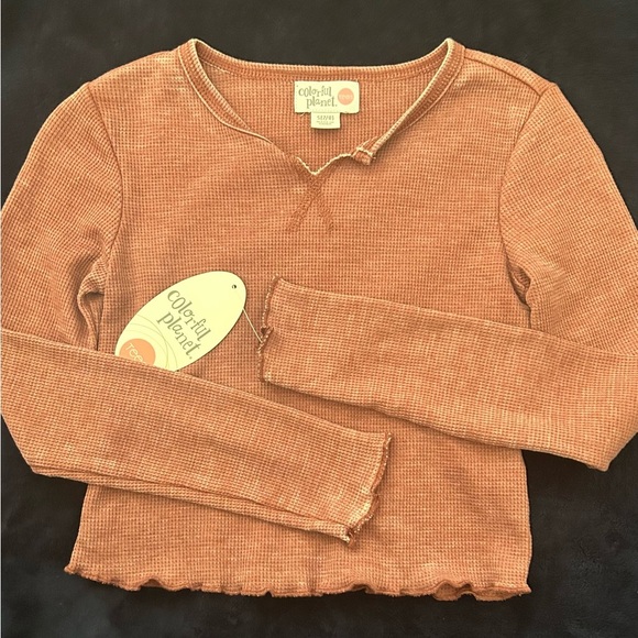 Colorful planet kids waffle top, long sleeve, V neck, sz 7/8 - Picture 1 of 5